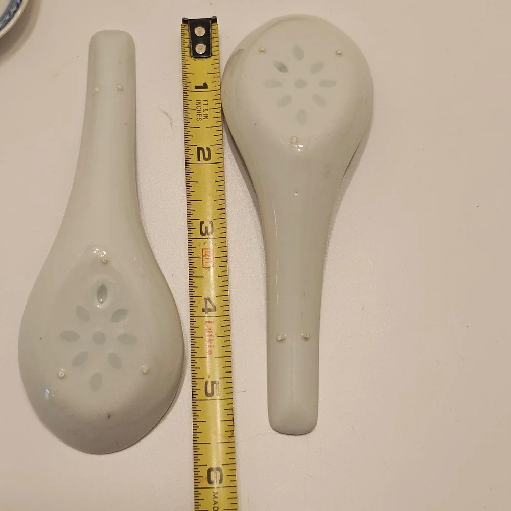Vintage Blue White Rice Grain Porcelain Soup Spoons Set of 9+2 Chinese Dragon